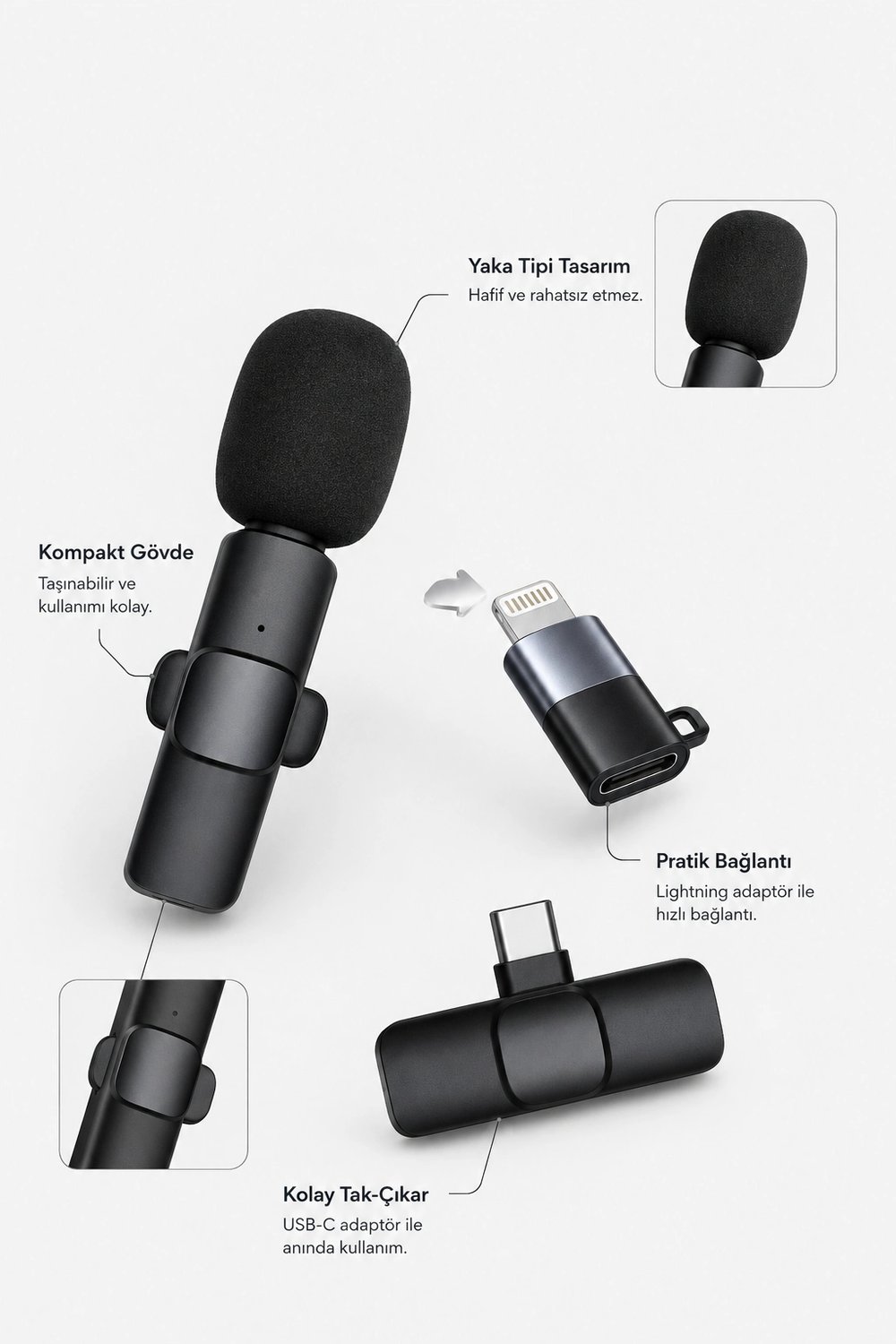Kablosuz Yaka Mikrofonu USB-C ve Lightning Adaptörlü Telefon Uyumlu Kompakt Ses Kiti