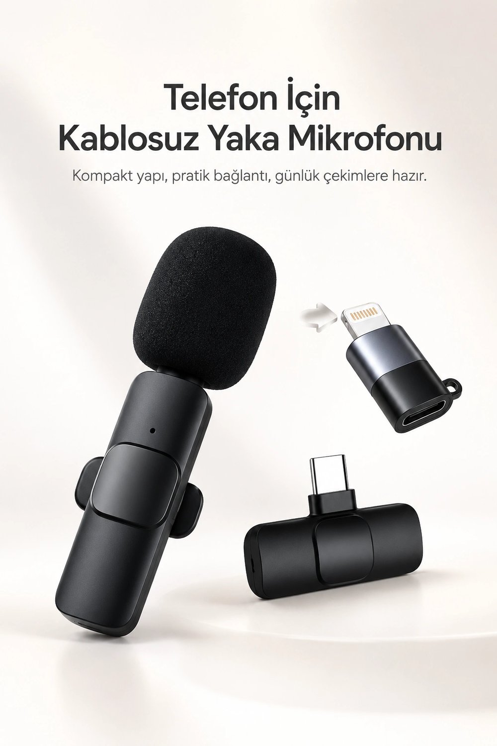 Kablosuz Yaka Mikrofonu USB-C ve Lightning Uyumlu Tak Çalıştır Telefon Kayıt Mikrofonu