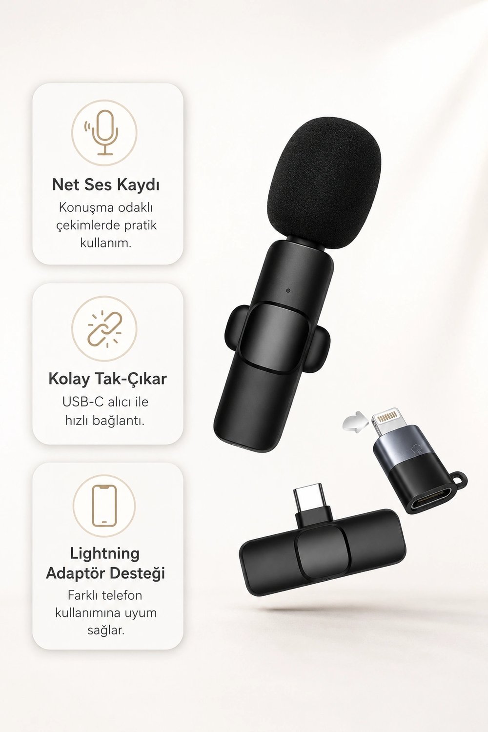 Kablosuz Yaka Mikrofonu USB-C ve Lightning Uyumlu Tak Çalıştır Telefon Kayıt Mikrofonu