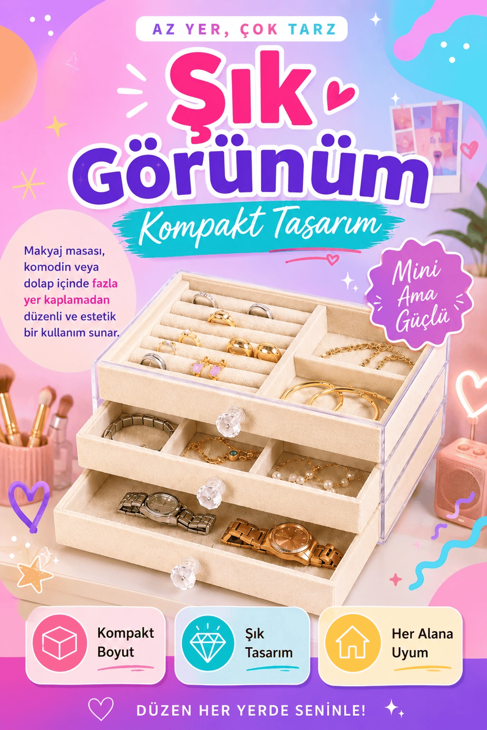 Kadife Kaplamalı Şeffaf Takı Kutusu Çekmeceli Saat Yüzük Kolye Organizeri