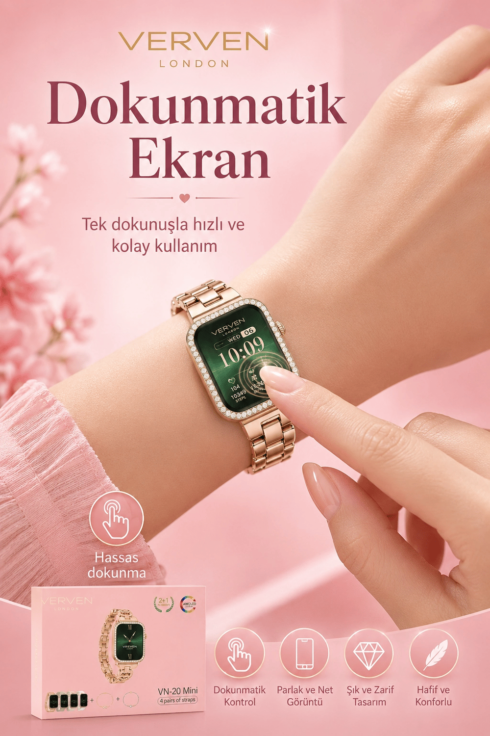 Kadın Kullanımına Uygun Akıllı Saat Dört Çift Kordonlu Şık Tasarımlı Dokunmatik Model