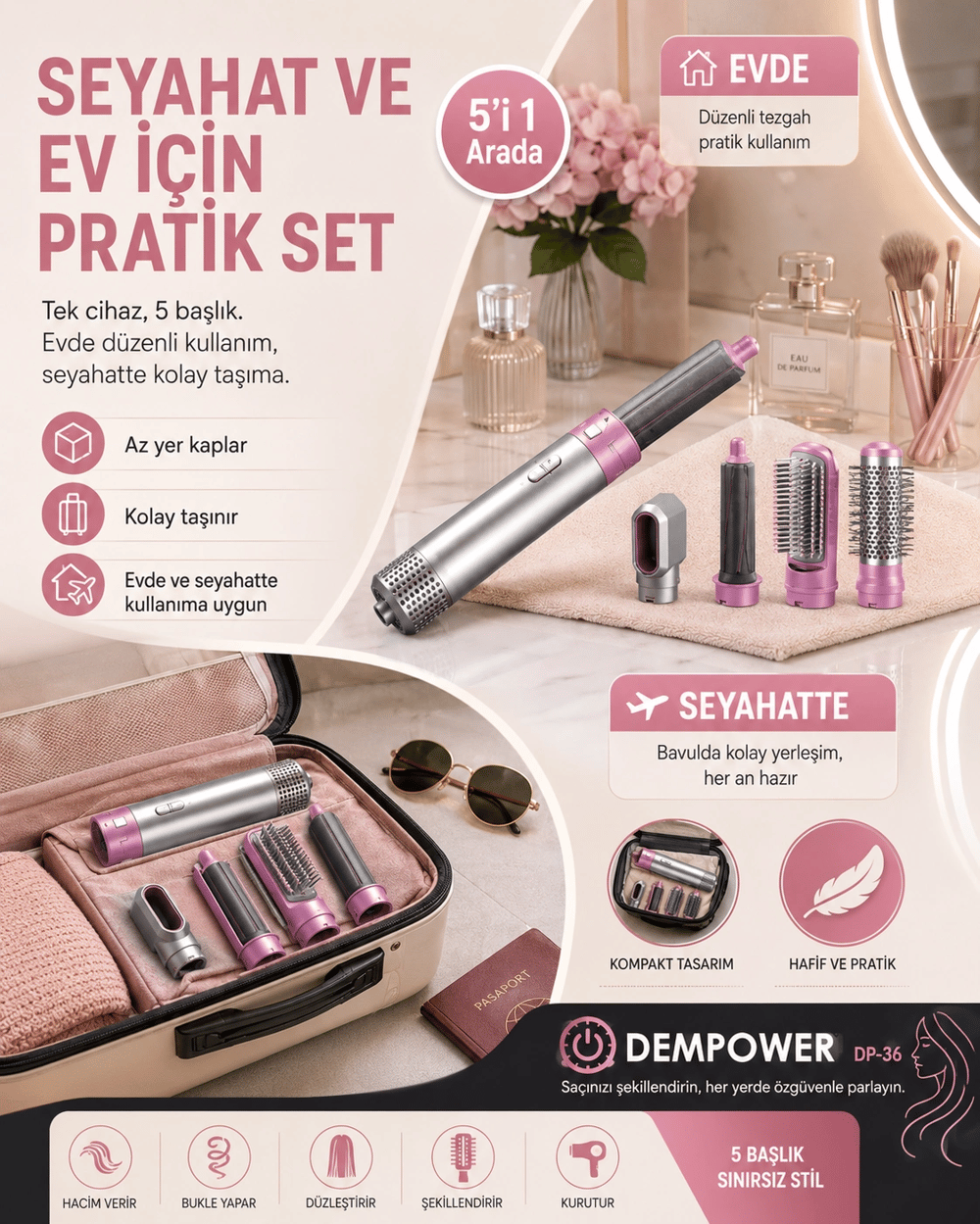 Kadınlar İçin 5 Başlıklı Saç Şekillendirme Seti Fön, Düzleştirme ve Bukle Aparatlı