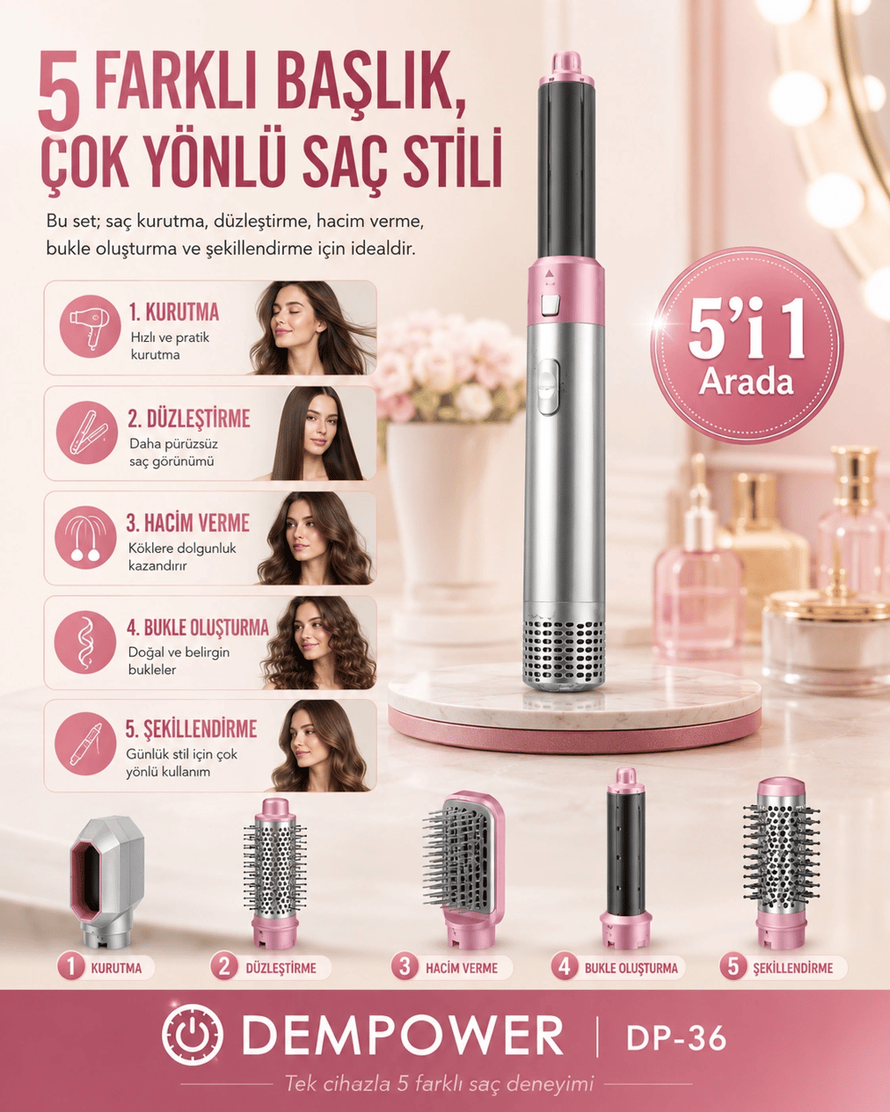 Kadınlar İçin 5 Başlıklı Saç Şekillendirme Seti Fön, Düzleştirme ve Bukle Aparatlı