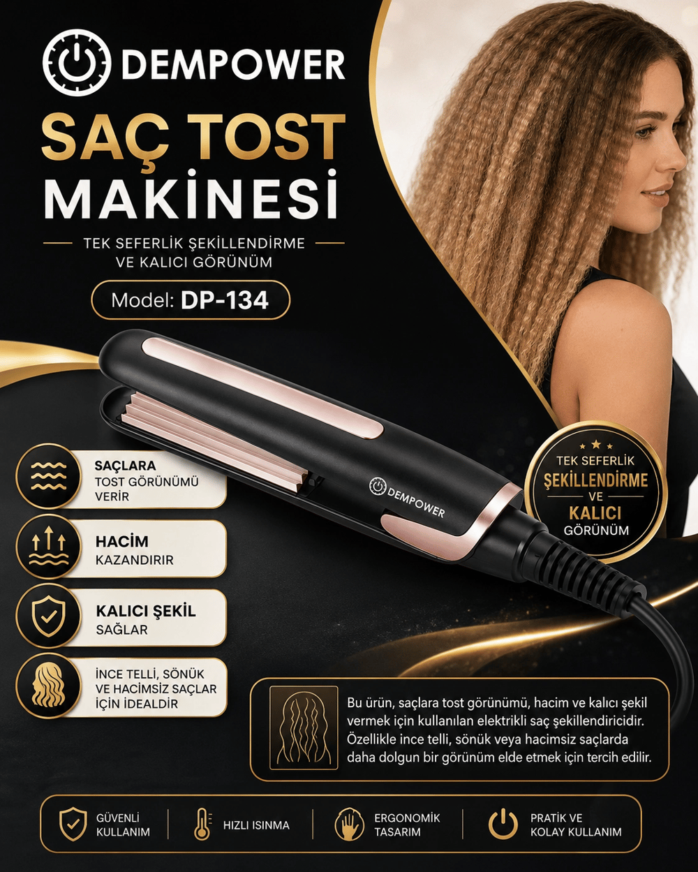 Kadınlar İçin Dalgalı ve Hacimli Görünüm Sağlayan Profesyonel Saç Tost Şekillendirme Makinesi