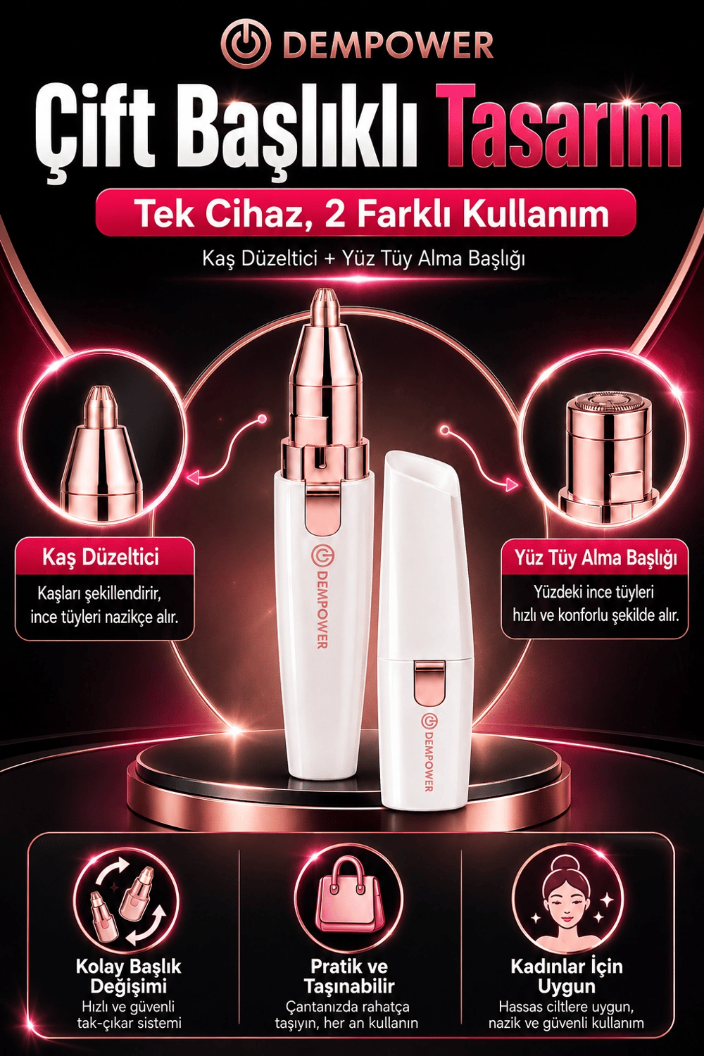 Kadınlar İçin Hassas Tüy Alma ve Kaş Düzeltme Özellikli Mini Epilasyon Aleti