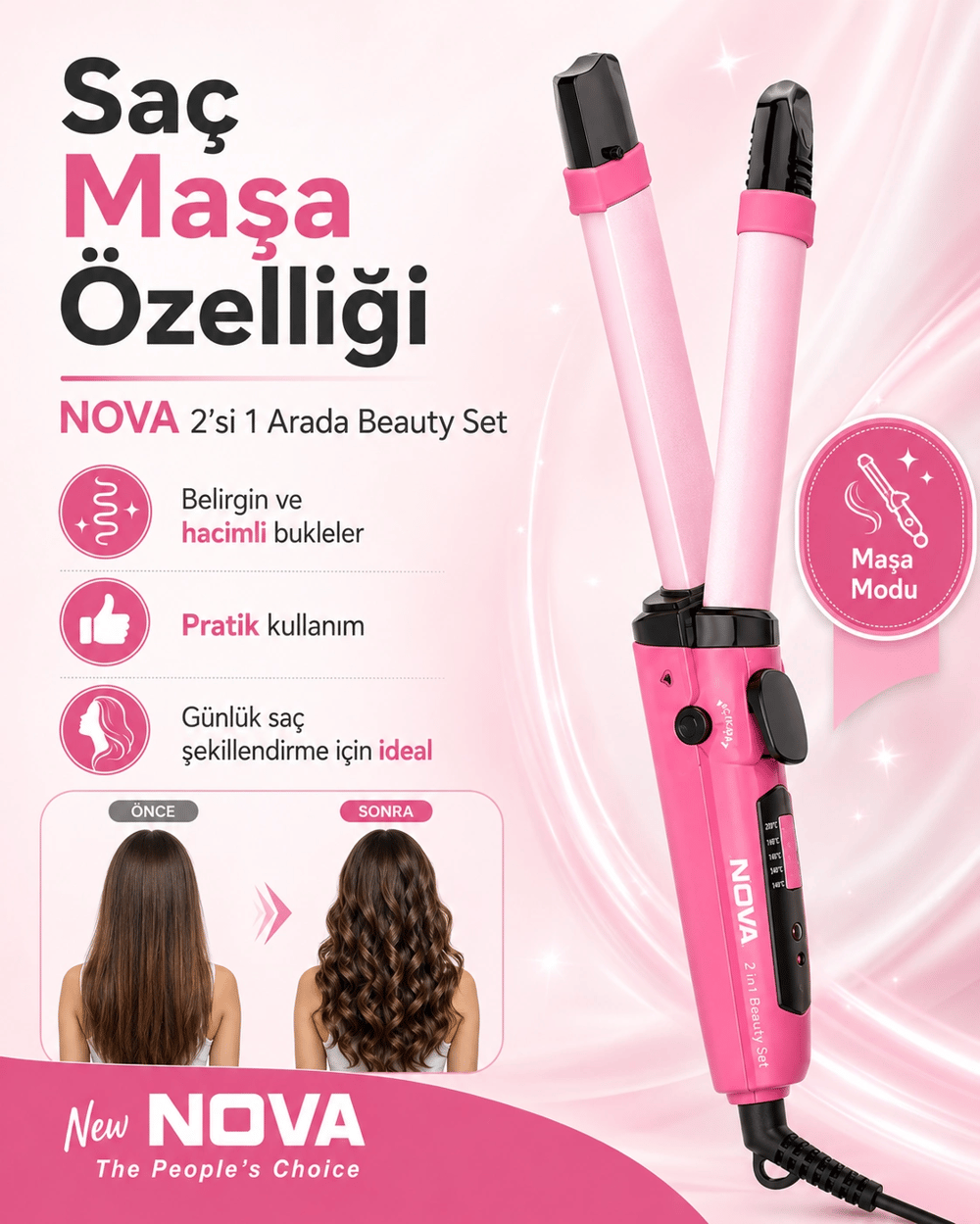 Kadınlar İçin Saç Düzleştirme ve Dalga Yapma Özellikli 2 Fonksiyonlu Maşa