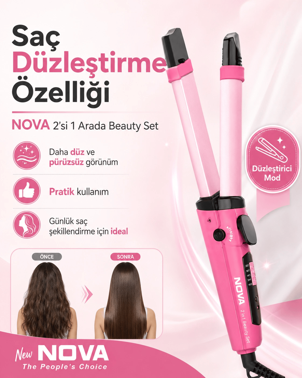 Kadınlar İçin Saç Düzleştirme ve Dalga Yapma Özellikli 2 Fonksiyonlu Maşa