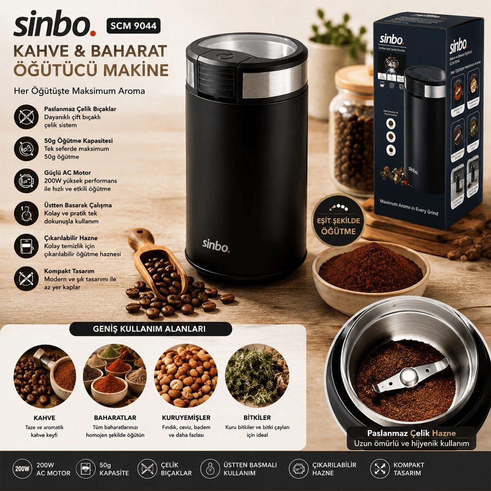 Kahve - Baharat Öğütücü Makine 2 Bıçaklı Çelik Öğütme Haznesi 50gr Öğütme Ac Motor=200w Scm-9044 Bx40