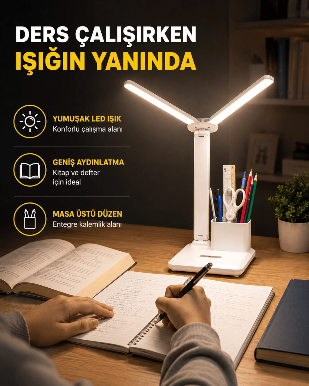 Kalemlik ve Telefon Standlı Masa Lambası – Kısılabilir LED Işık, Göz Dostu Tasarım Yeni Nesil