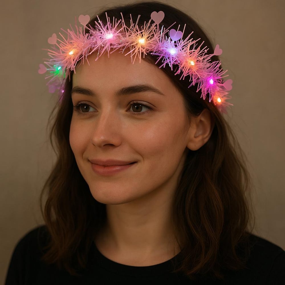 Kalp Püsküllü Gece Parıltısı 3 Modlu LED'li Işıklı Taç Pembe Renk (3936)