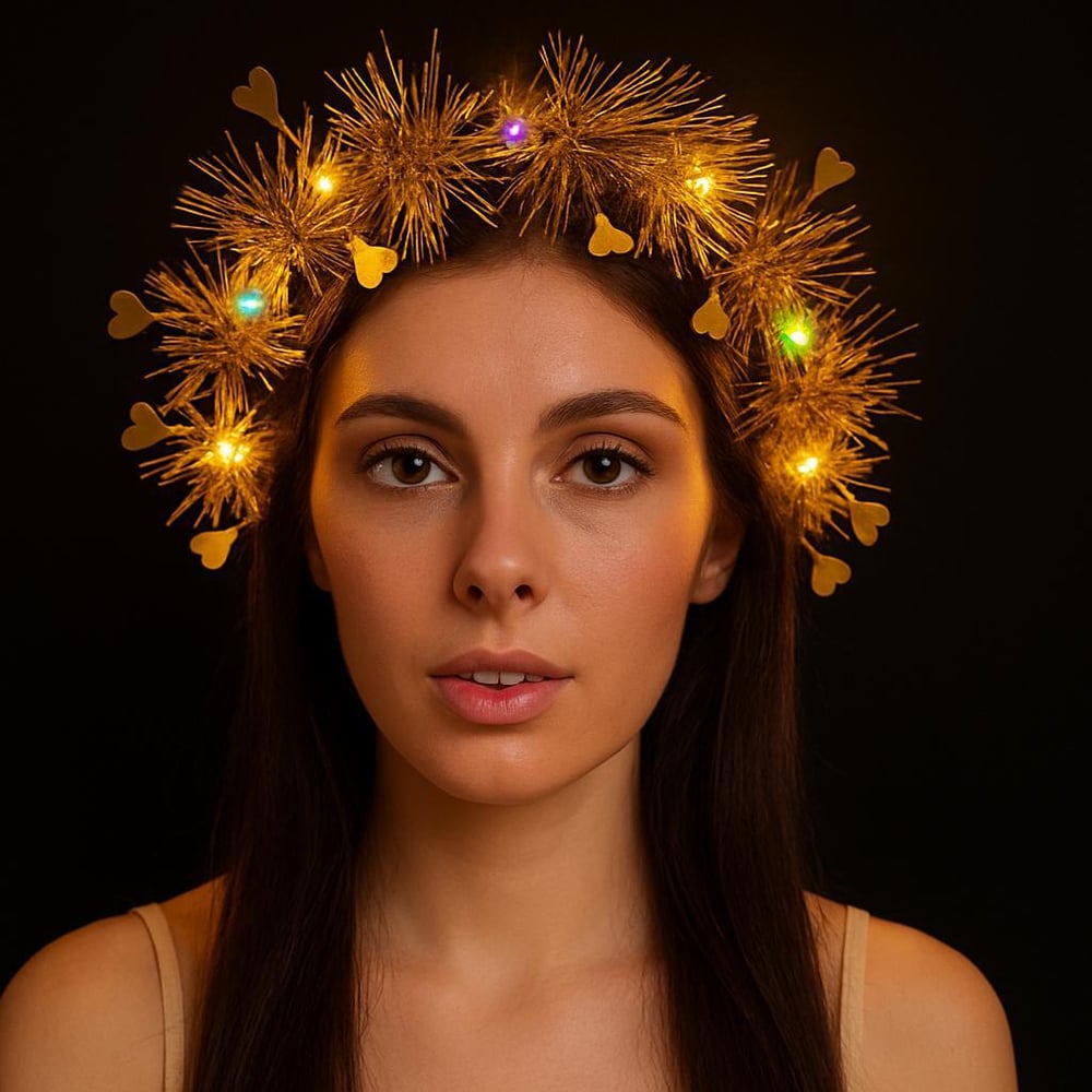 Kalp Püsküllü Gece Parıltısı 3 Modlu LED'li Işıklı Taç Altın Renk (3936)