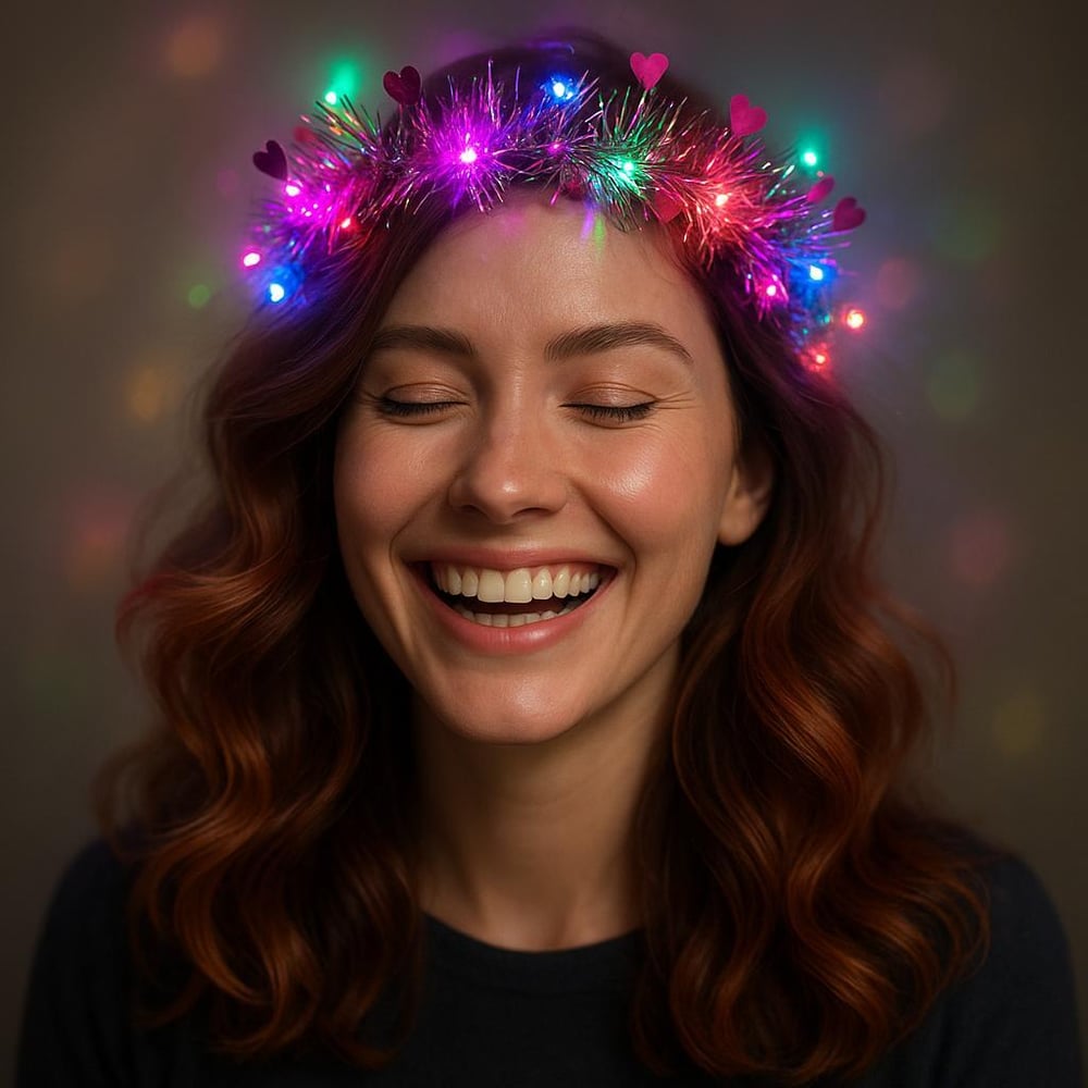 Kalp Püsküllü Gece Parıltısı 3 Modlu LED'li Işıklı Taç Fuşya Renk (3936)