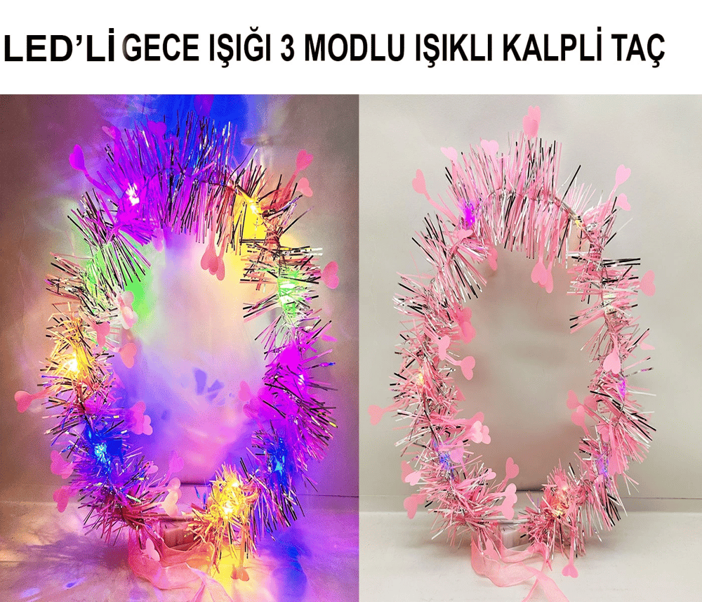 Kalp Püsküllü Gece Parıltısı 3 Modlu Led'li Işıklı Taç Pembe Renk