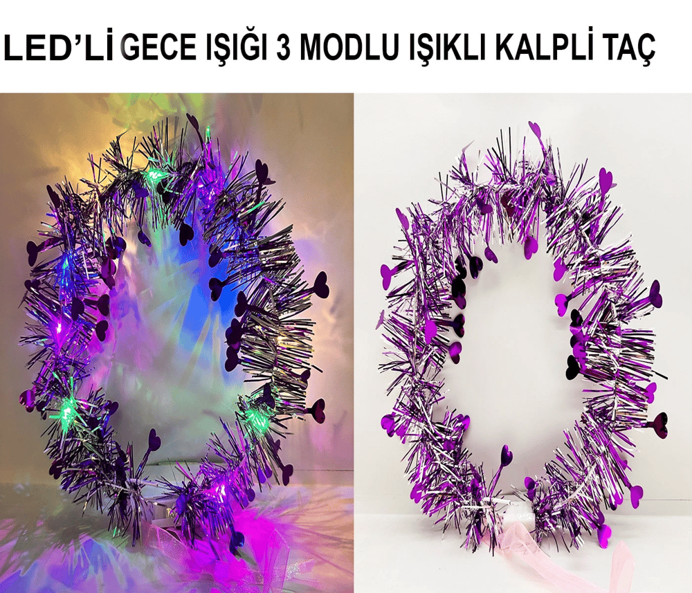 Kalp Püsküllü Gece Parıltısı 3 Modlu Led'li Işıklı Taç Mor Renk