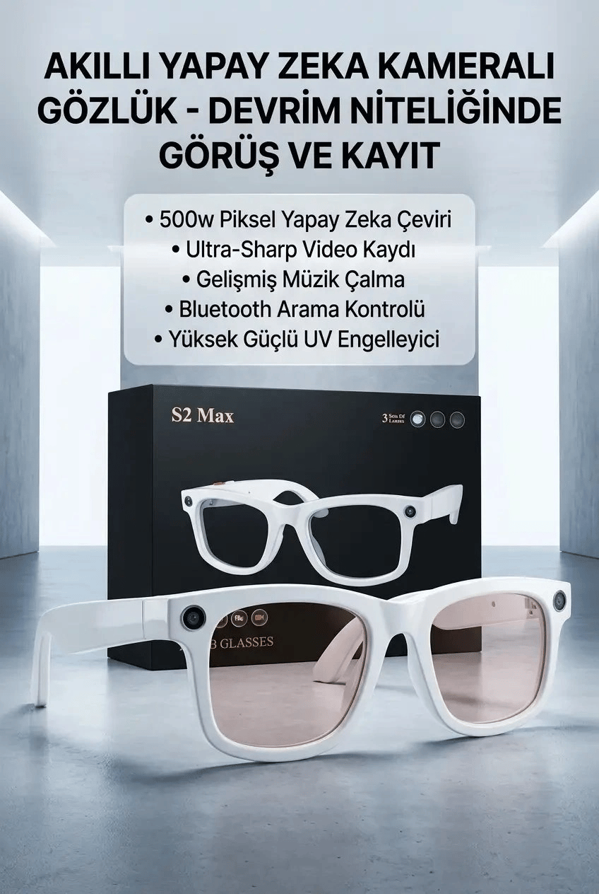 Kameralı Beyaz Akıllı Gözlük Yapay Zeka Destekli Şık Günlük Kullanım Premium