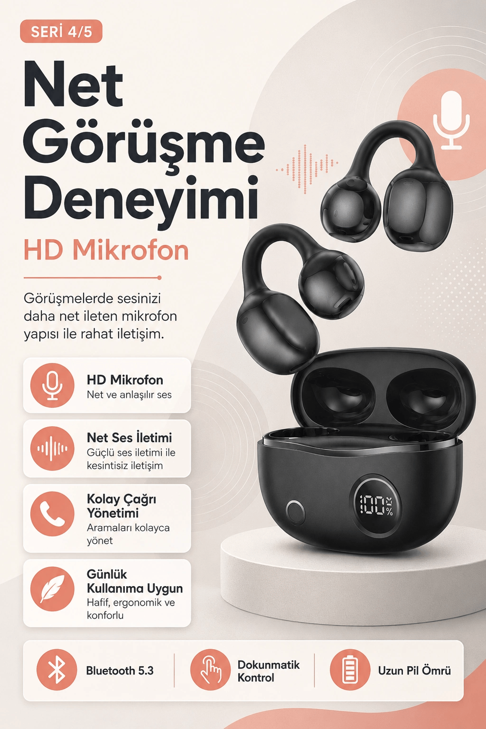 Kancalı Tasarımlı Kablosuz Kulaklık Kulak İçi Rahat Kullanım Ve Uzun Süreli Dinleme