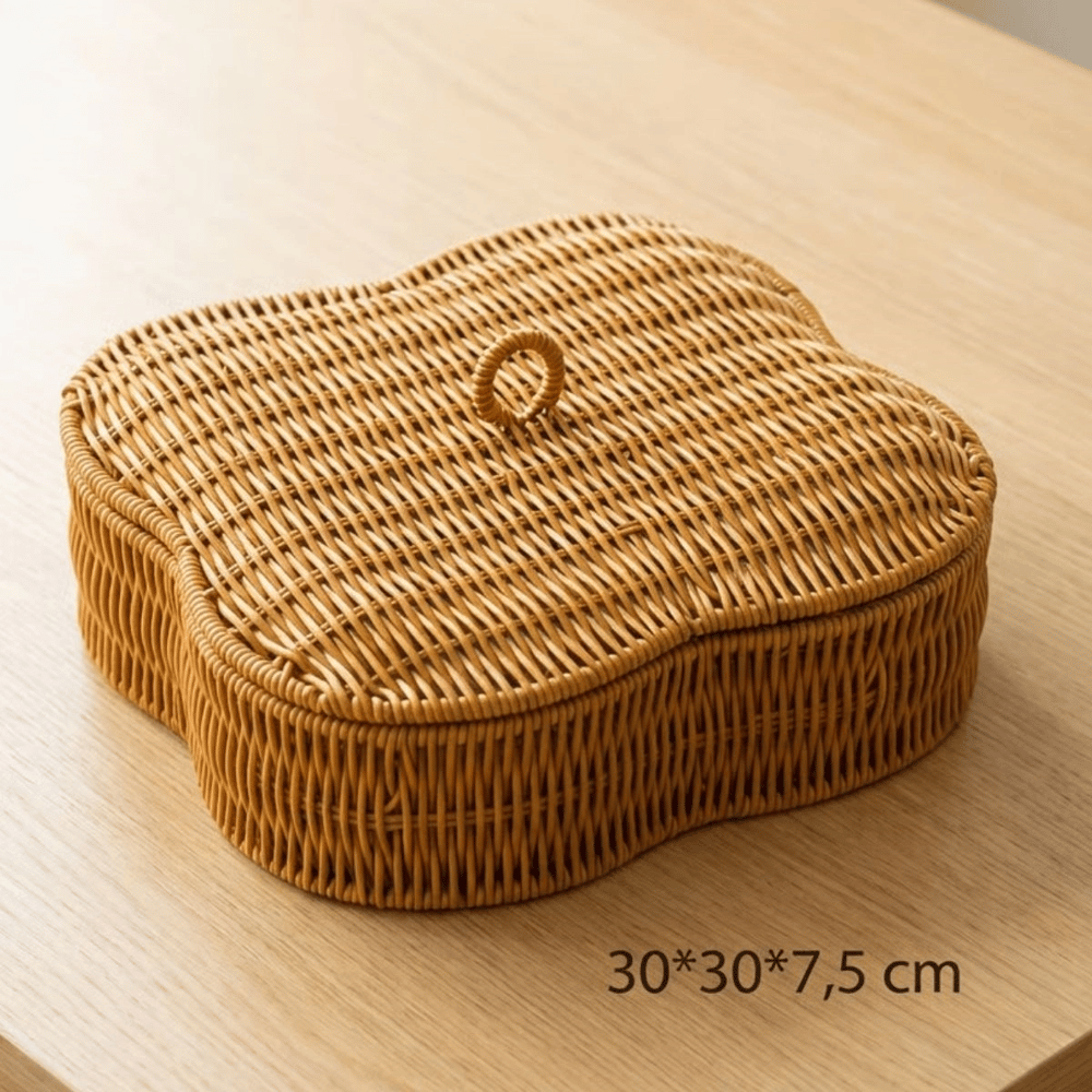 Kapaklı 5 Bölmeli Plastik Rattan Organizer Kutu – Hasır Desenli Çok Amaçlı Saklama Ve Sunum Sepeti Çerezlik Bx40