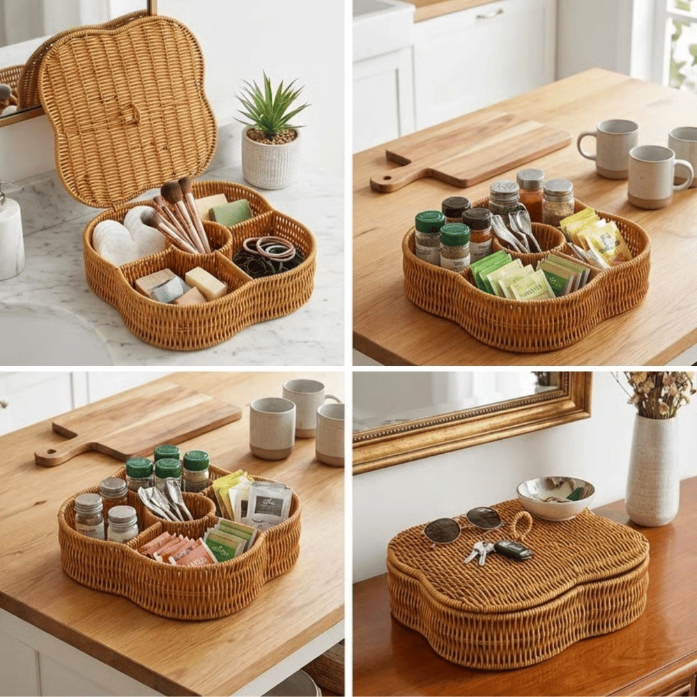 Kapaklı 5 Bölmeli Plastik Rattan Organizer Kutu – Hasır Desenli Çok Amaçlı Saklama Ve Sunum Sepeti Çerezlik Bx40