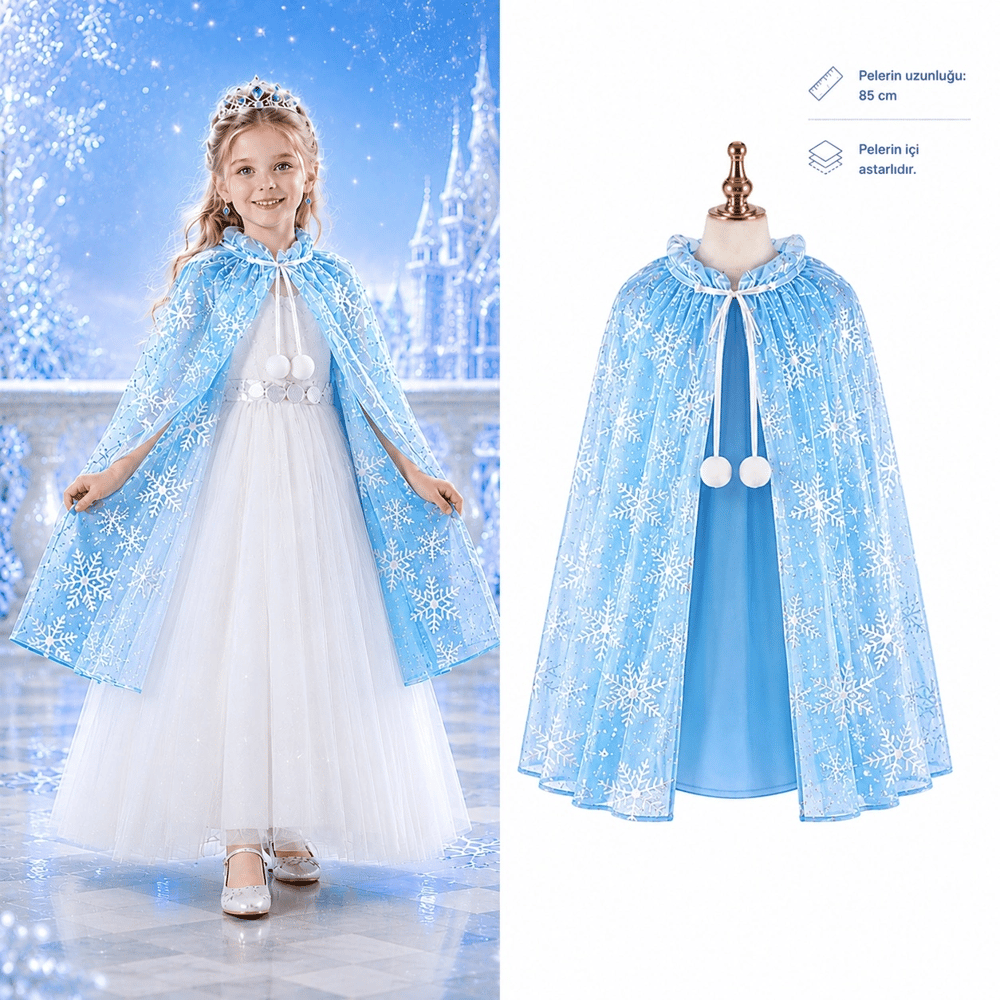 Kar Tanesi Desenli Mavi Elsa Pelerini - Astarlı Frozen Pelerini 85 cm