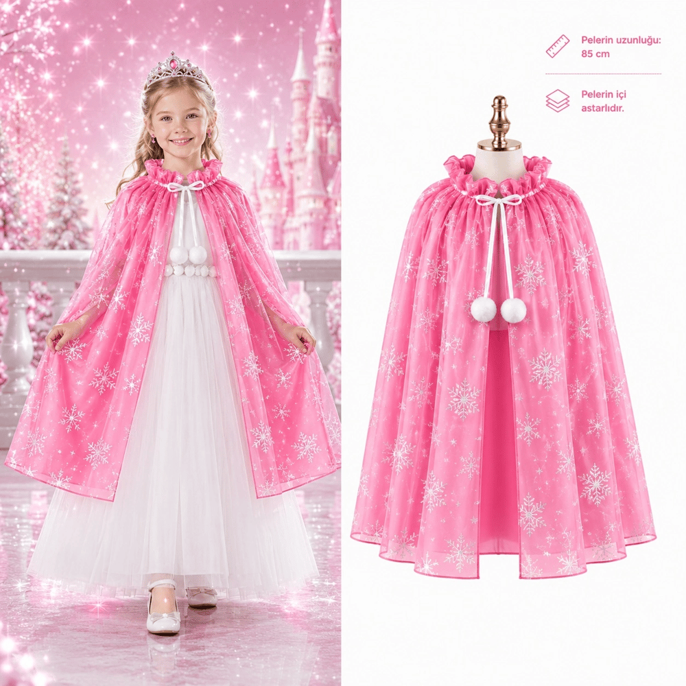 Kar Tanesi Desenli Pembe Elsa Pelerini - Astarlı Frozen Pelerini 85 Cm