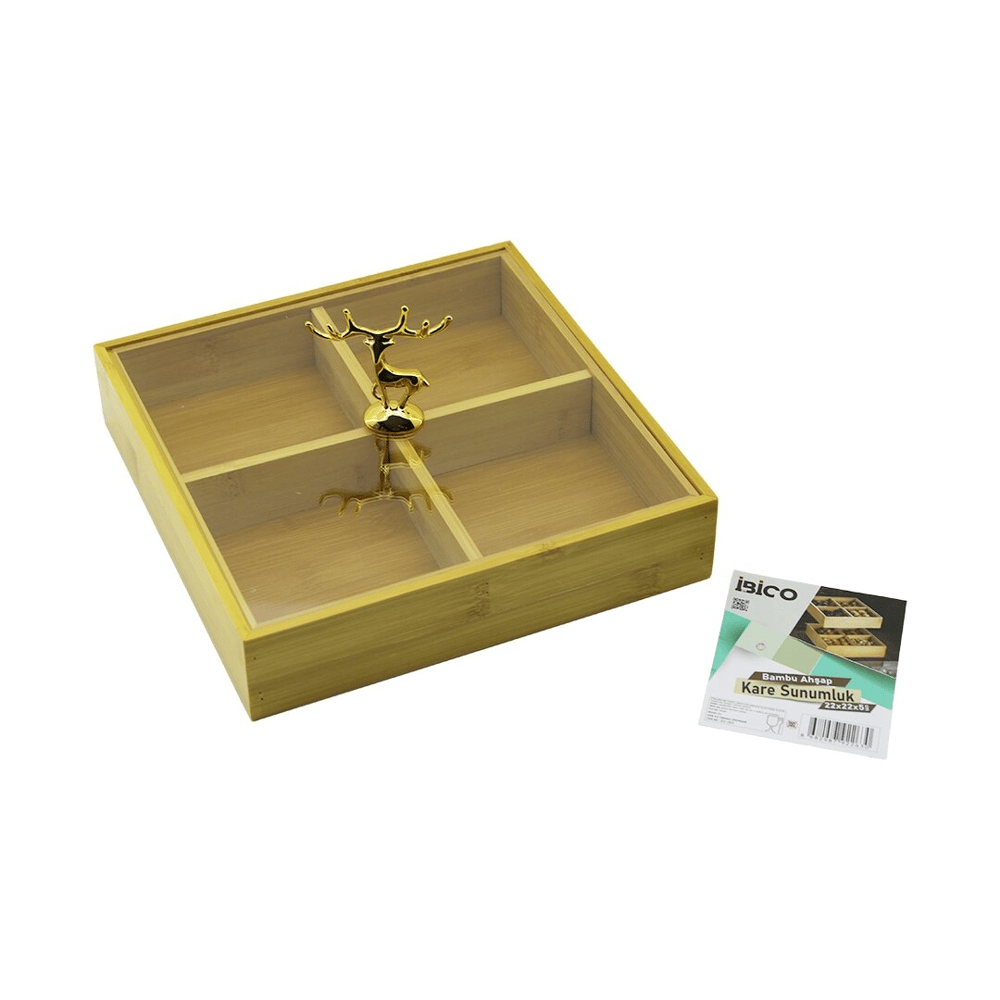 Kare 4 Bölmeli=2ın1=bölmesiz Çok Amaçlı Kutu Ahşap Bambu Servis Sunum Tepsi - Tahtası 22x22x5cm Bx40