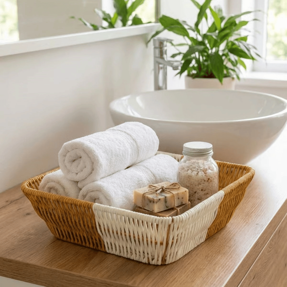 Kare Çift Renkli Plastik Rattan Ekmek Ve Meyve Sepeti - Çok Amaçlı Banyo Ve Mutfak Düzenleyici - Yıkanabilir Tezgâh Üstü Organizer Bx40