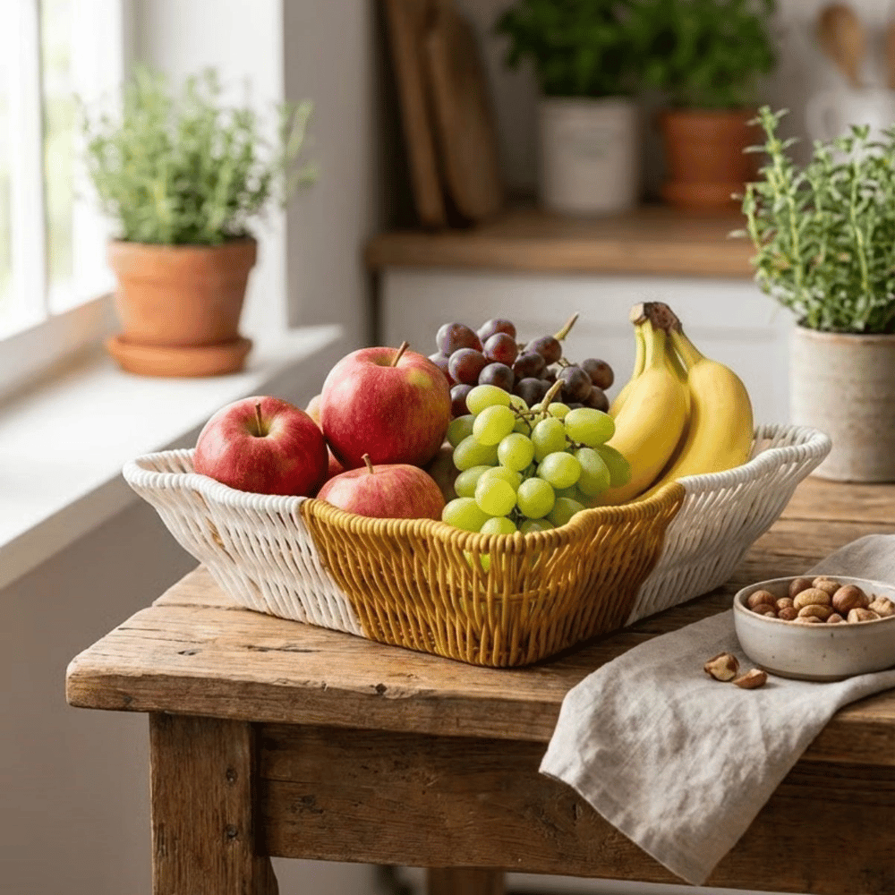 Kare Dalgalı Çift Renkli Plastik Rattan Ekmek Ve Meyve Sepeti - Çok Amaçlı Banyo Ve Mutfak Düzenleyici - Yıkanabilir Tezgâh Üstü Organizer Bx40