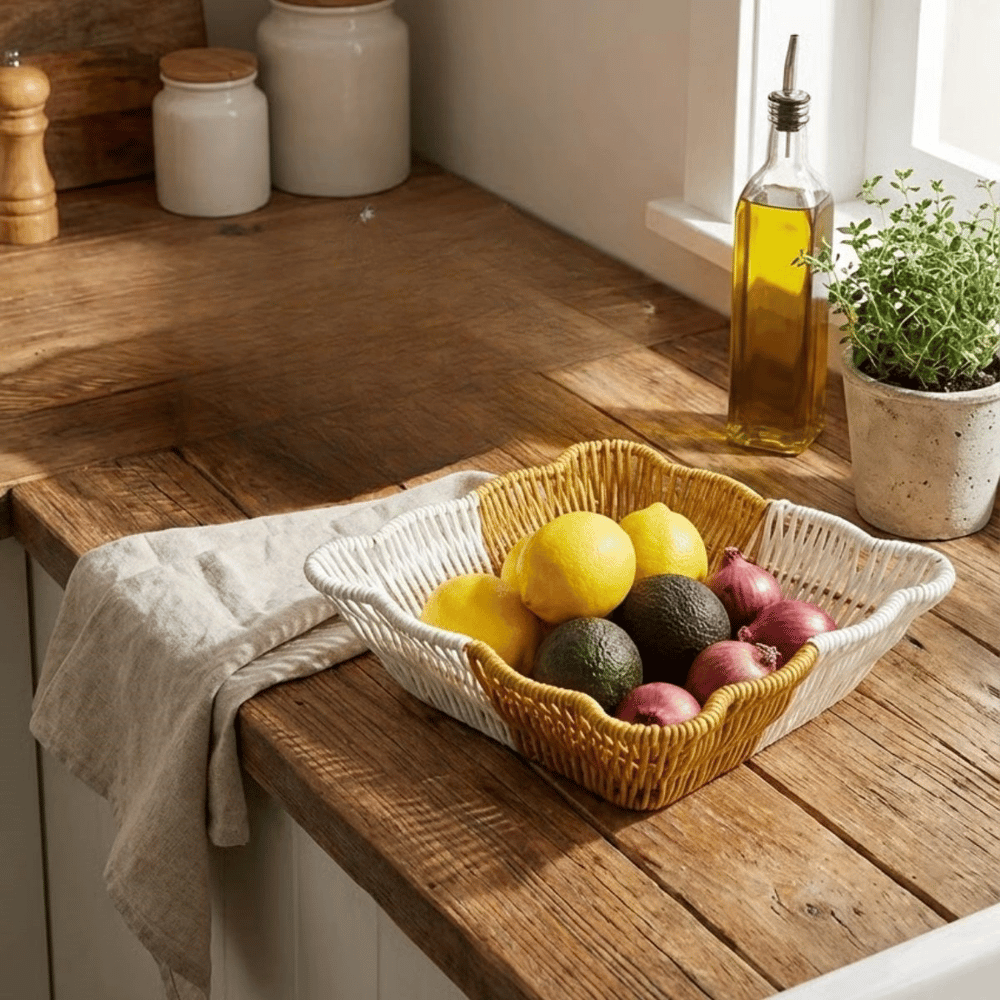 Kare Dalgalı Çift Renkli Plastik Rattan Ekmek Ve Meyve Sepeti - Çok Amaçlı Banyo Ve Mutfak Düzenleyici - Yıkanabilir Tezgâh Üstü Organizer Bx40