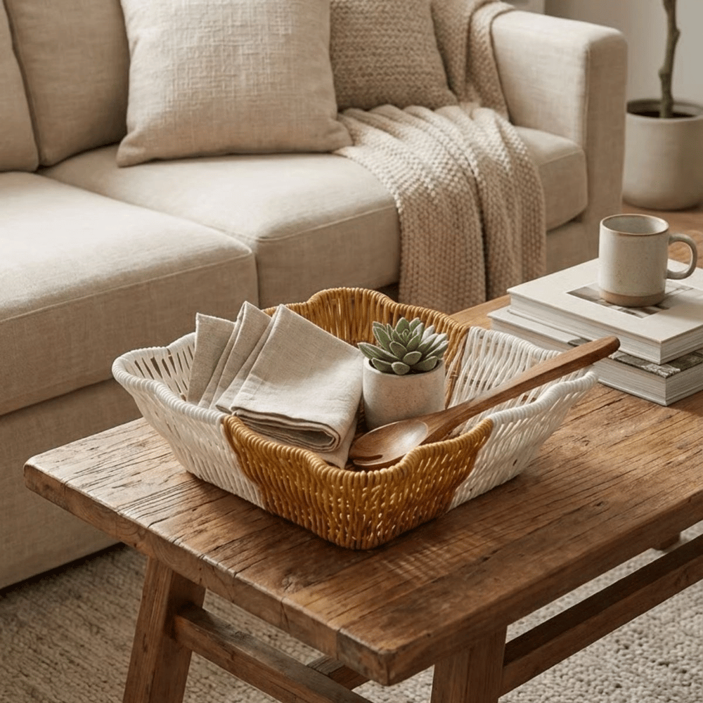 Kare Dalgalı Çift Renkli Plastik Rattan Ekmek Ve Meyve Sepeti - Çok Amaçlı Banyo Ve Mutfak Düzenleyici - Yıkanabilir Tezgâh Üstü Organizer Bx40