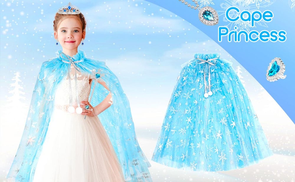 Karlar Ülkesi Elsa Frozen Mavi Pelerin – 80 cm Kar Desenli Çocuk Pelerini ( Taç Hariç ) (3936)