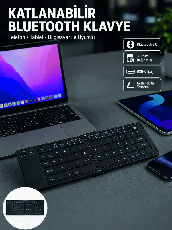 Katlanabilir Bluetooth Klavye 3 Cihaz Bağlantılı Kablosuz Taşınabilir Klavye
