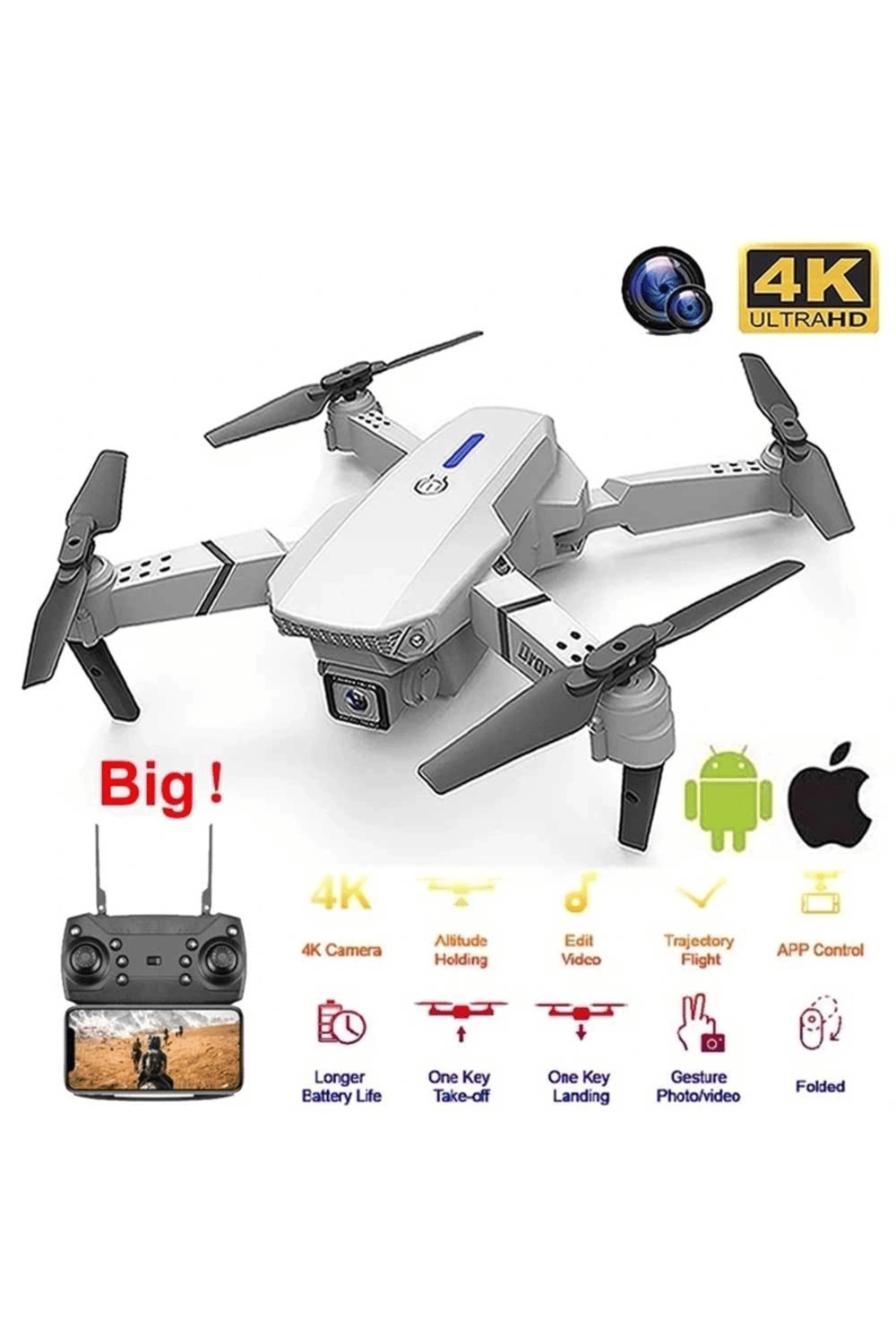 Katlanabilir Çift Kameralı Wifi Bağlantılı Drone, Uzaktan Kumanda ve Akıllı Telefon Kontrolü, Siyah