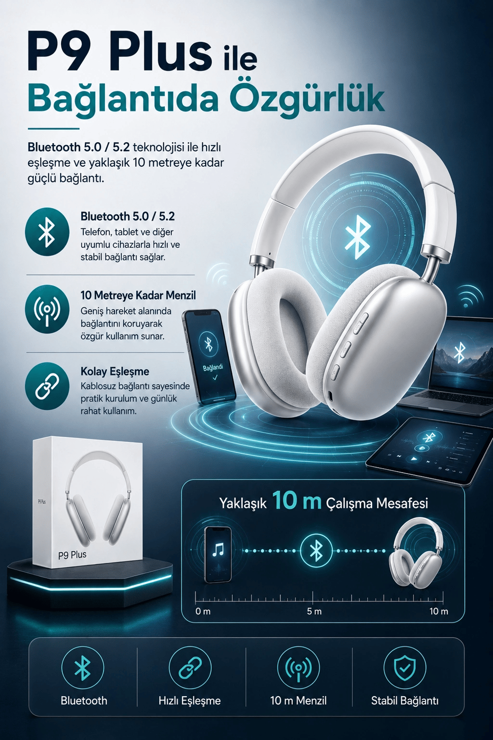 Katlanabilir Kablosuz Kulaklık Kulak Üstü Rahat Pedli Taşınabilir Stereo Model