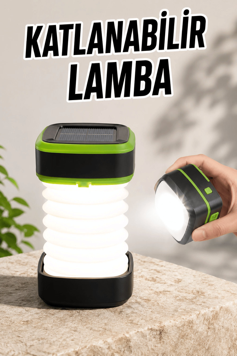 Katlanabilir Kamp Lambası Solar Fener Görünümlü 3 Kademeli Şarjlı