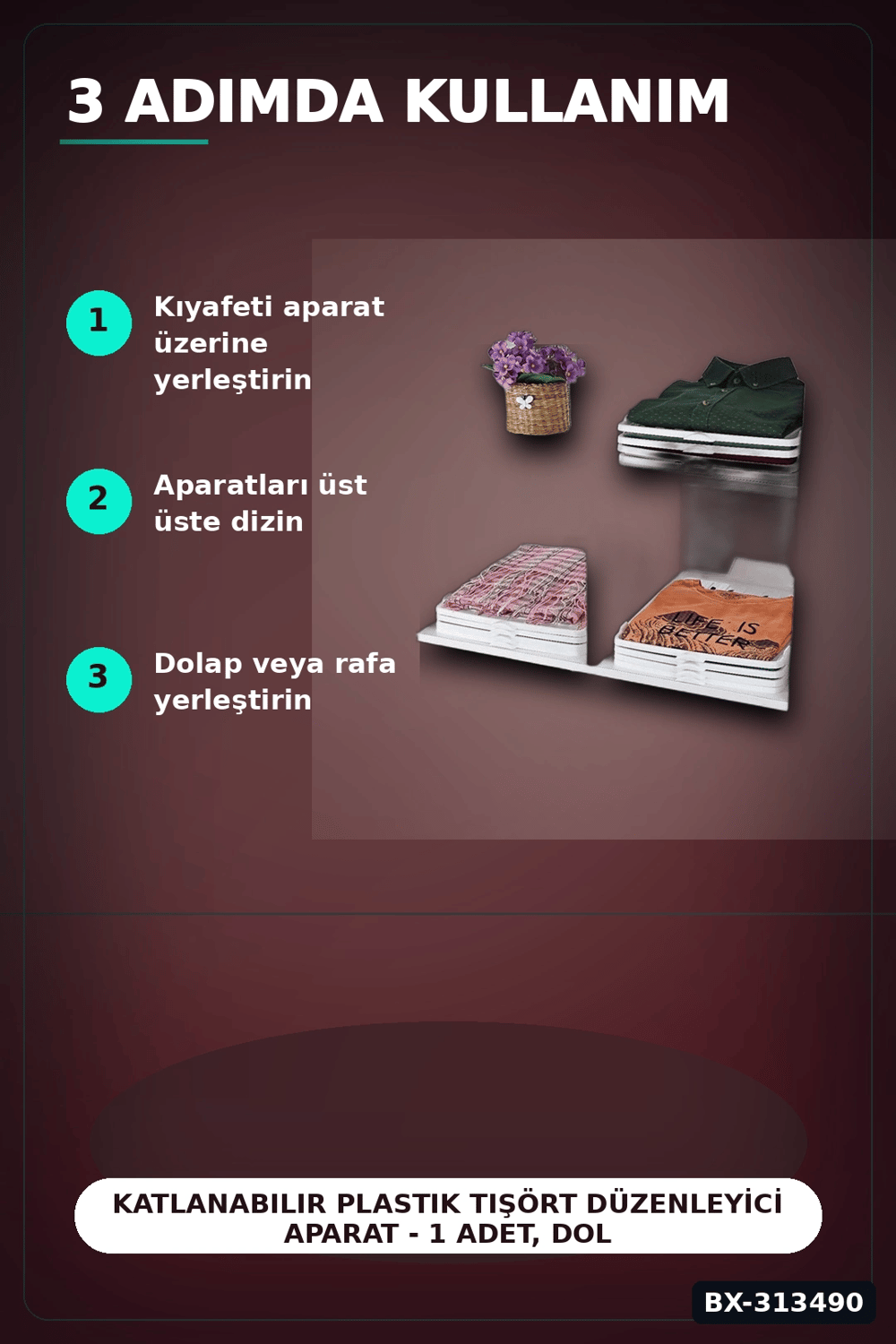 Katlanabilir Plastik Tişört Düzenleyici Aparat - 1 Adet, Dolap İçi Organizer BX-313490