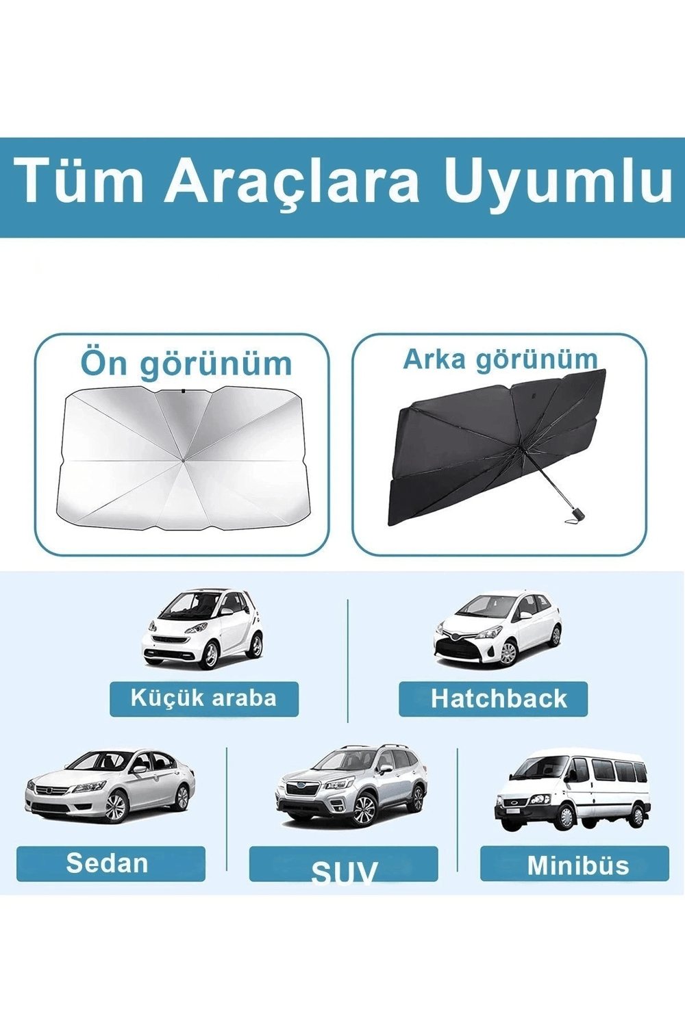 Katlanabilir Şemsiyeli Araç Ön Cam Güneşliği UV Korumalı Isı Yansıtıcı Tüm Araçlara Uygun