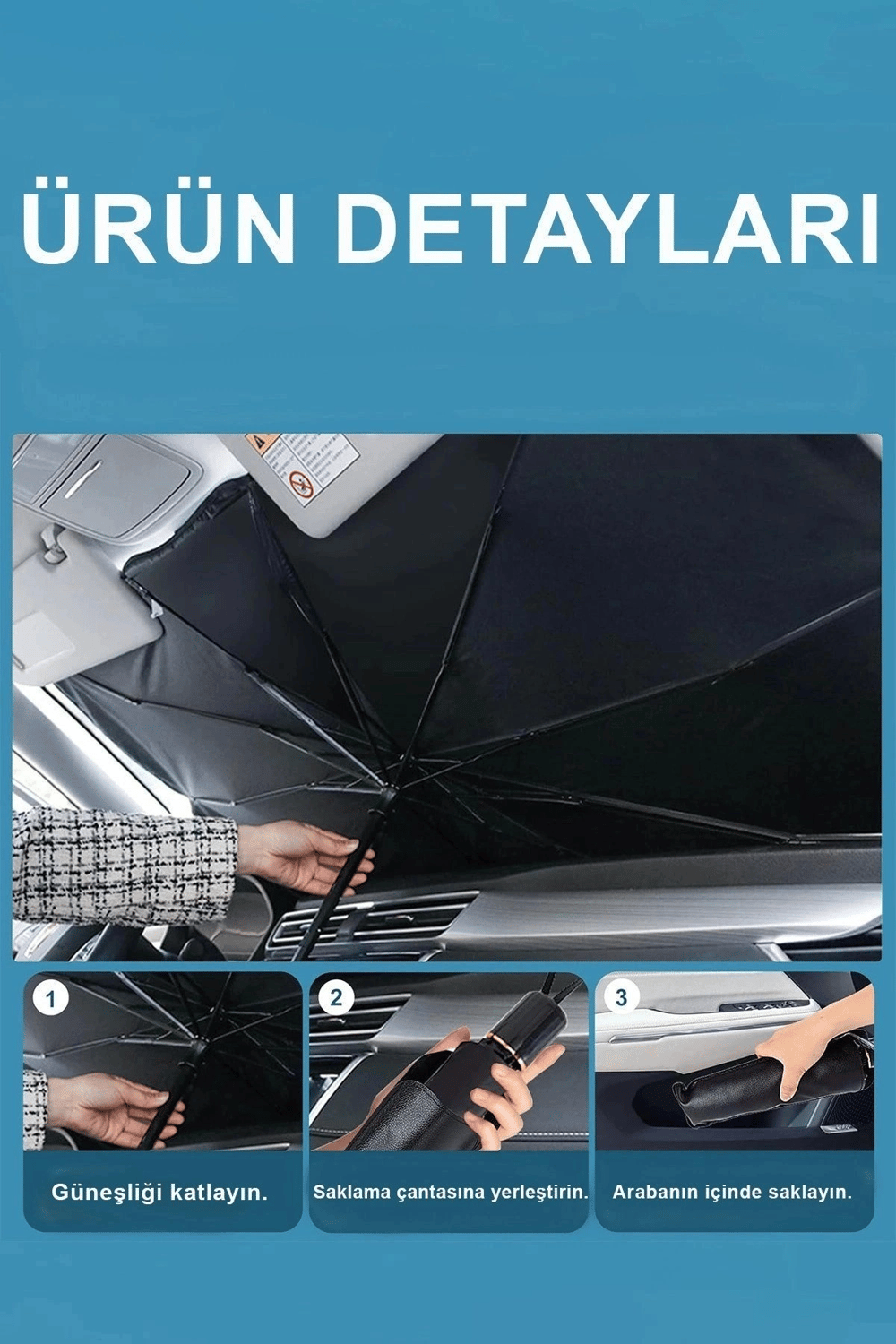 Katlanabilir Şemsiyeli Araç Ön Cam Güneşliği UV Korumalı Isı Yansıtıcı Tüm Araçlara Uygun