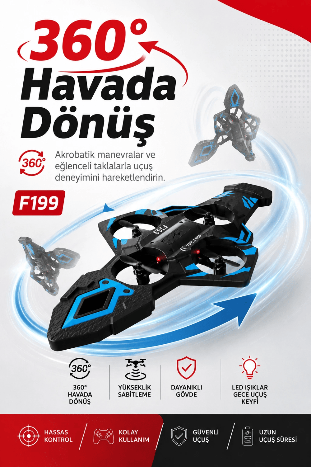 Katlanabilir Tasarımlı Uzaktan Kumandalı Drone 360 Derece Dönüş Ve Işıklı Uçuş Özellikli