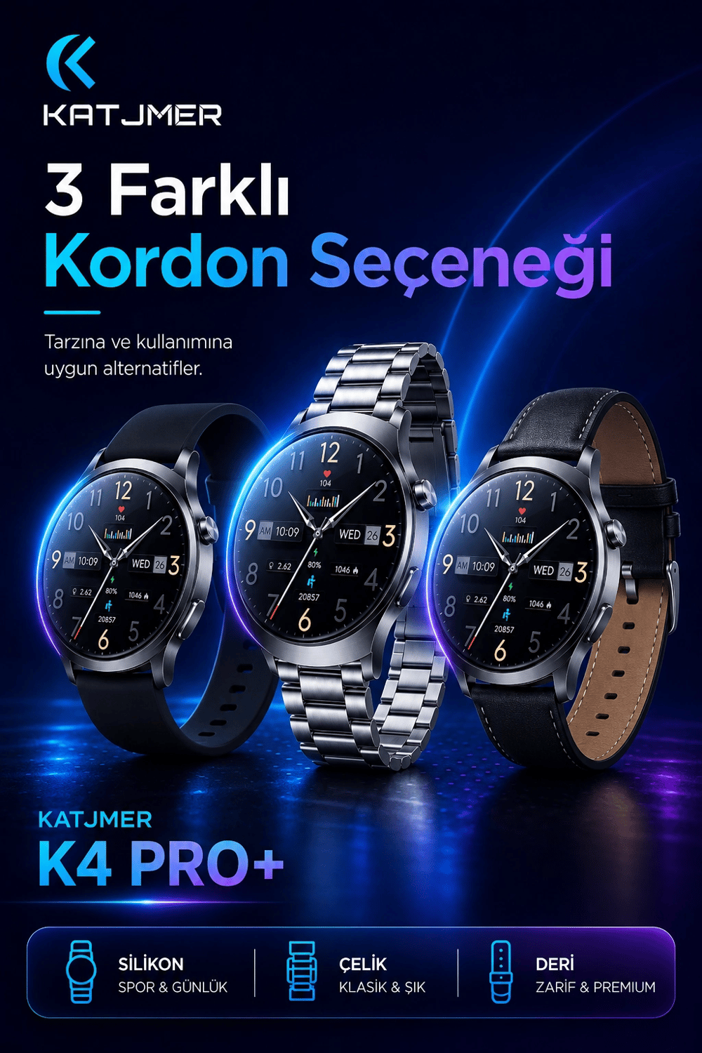 Kavisli Cam Tasarımlı Akıllı Saat AMOLED Ekran Üç Kordonlu Günlük Kullanım Seti