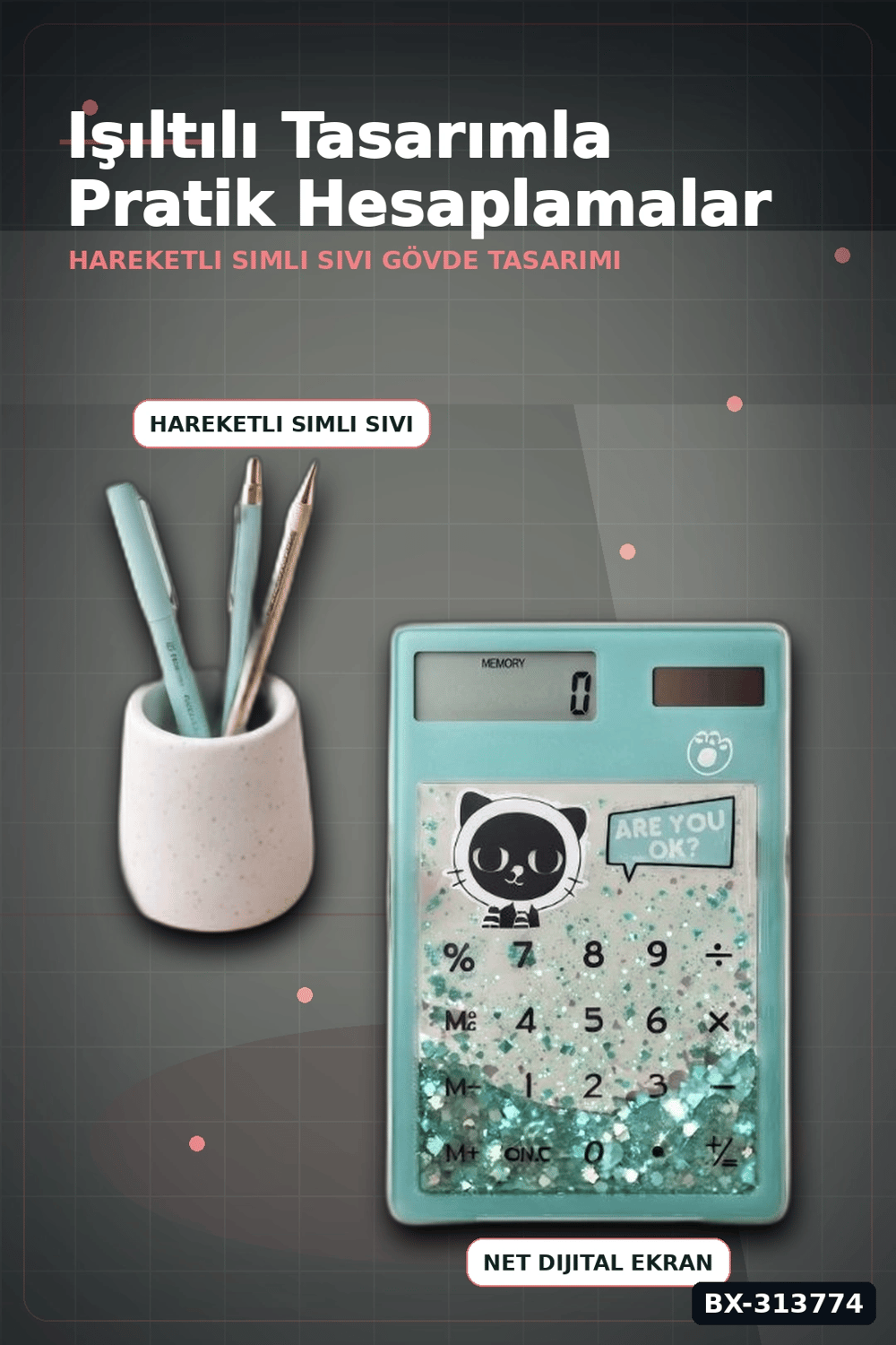Kedi Figürlü Şeffaf Simli Hesap Makinesi 1 Adet Dekoratif Ofis Okul Hediyelik BX-313774