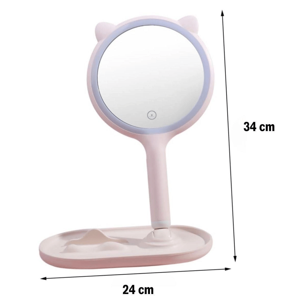 Kedi Kulaklı Telefon Standlı Yuvarlak Dokunmatik Led Ayarlı Masa Üstü Makyaj Aynası Bx40