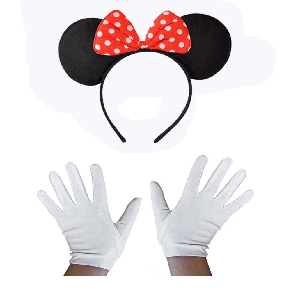 Kırmızı Fiyonklu Minnie Mouse Tacı ve Beyaz Eldiven Seti (3936)