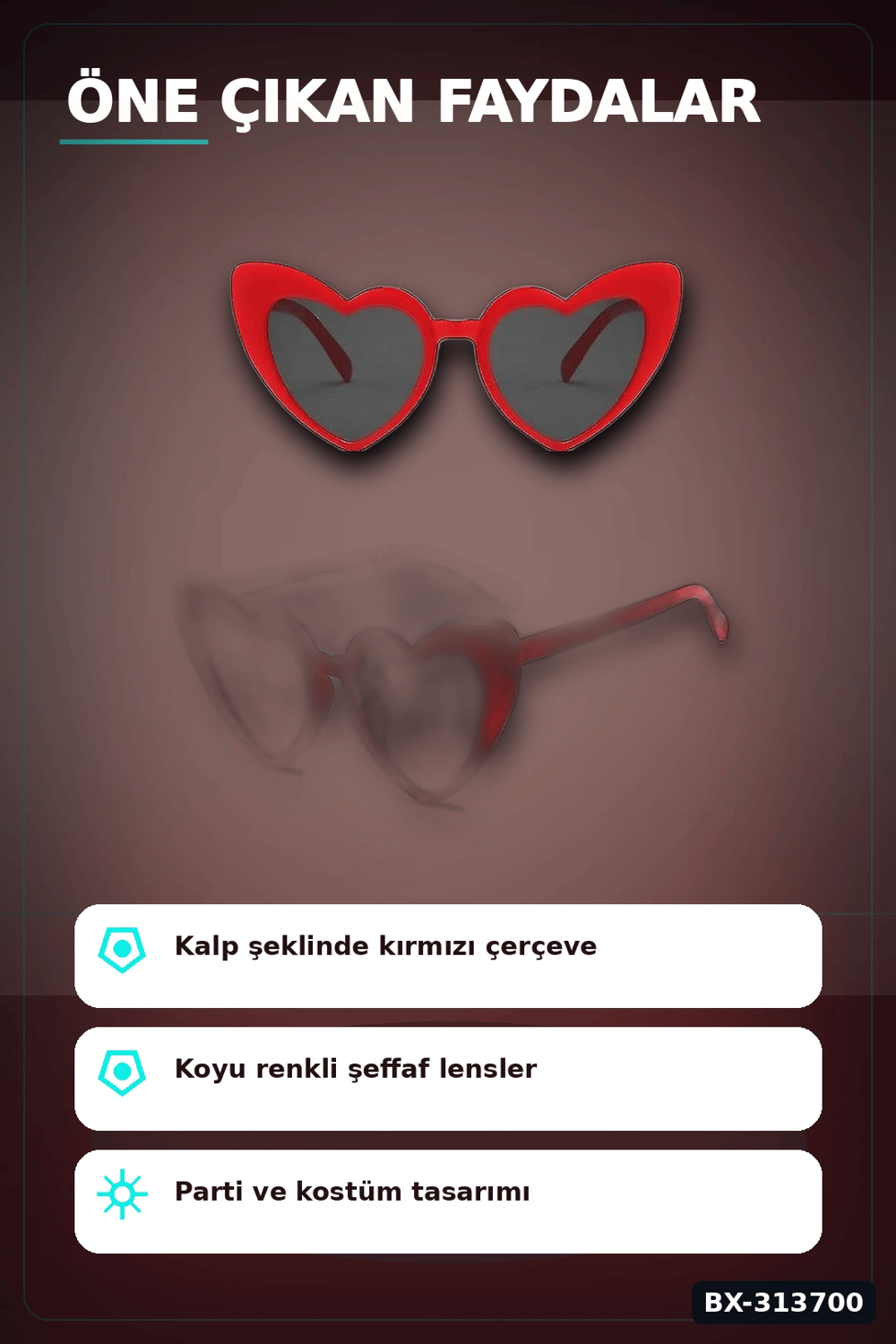Kırmızı Kalp Şekilli Parti Gözlüğü 15x5 Cm 40 Adet Toplu Kullanımlık Plastik BX-313700