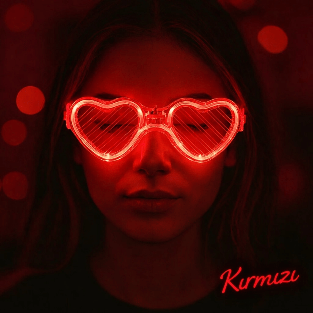 Kırmızı Led Işıklı Kalp Gözlük – 3 Modlu Parti  Glow Gözlüğü