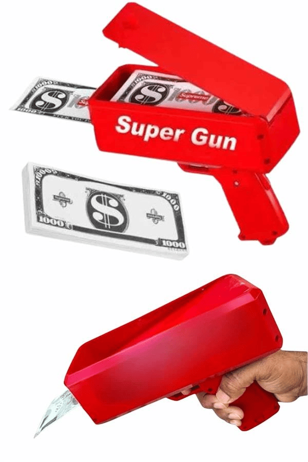 Kırmızı Parti Oyuncağı Para Saçma Fırlatma Tabancası Makinesi Super Money