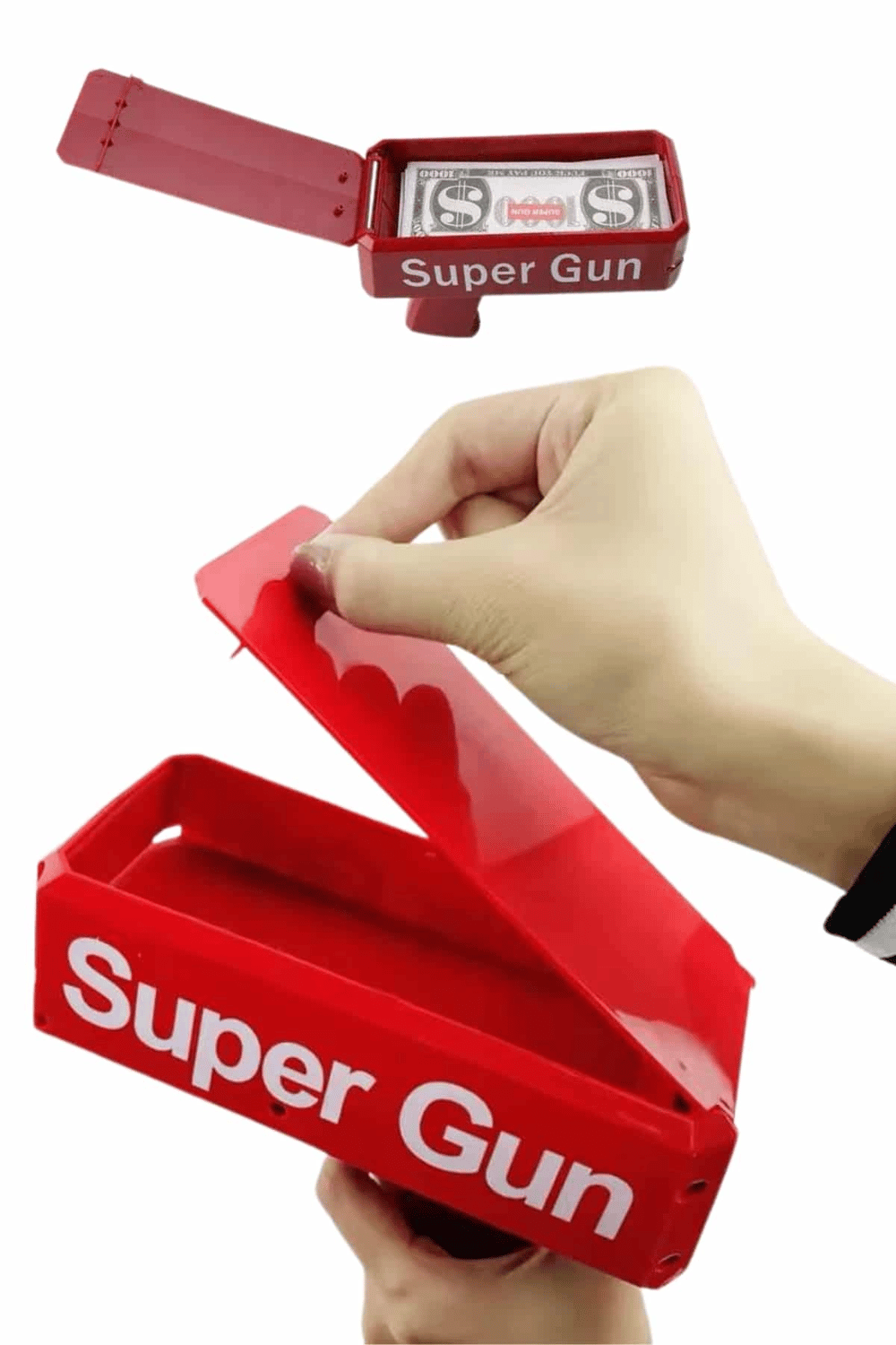Kırmızı Parti Oyuncağı Para Saçma Fırlatma Tabancası Makinesi Super Money