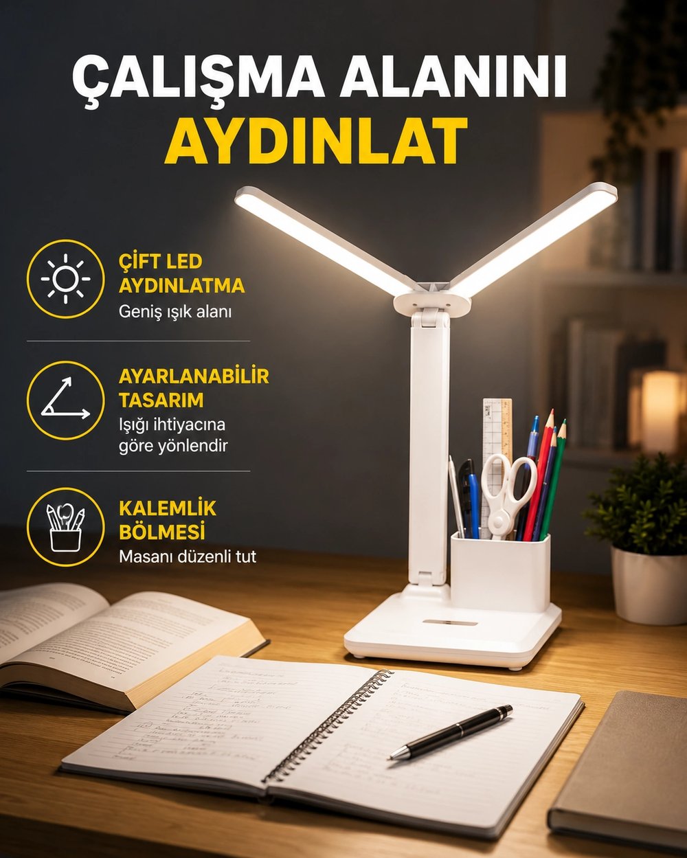 Kısılabilir LED Masa Lambası – Kalemlik ve Telefon Standlı, Göz Yormayan Işık Yeni Nesil