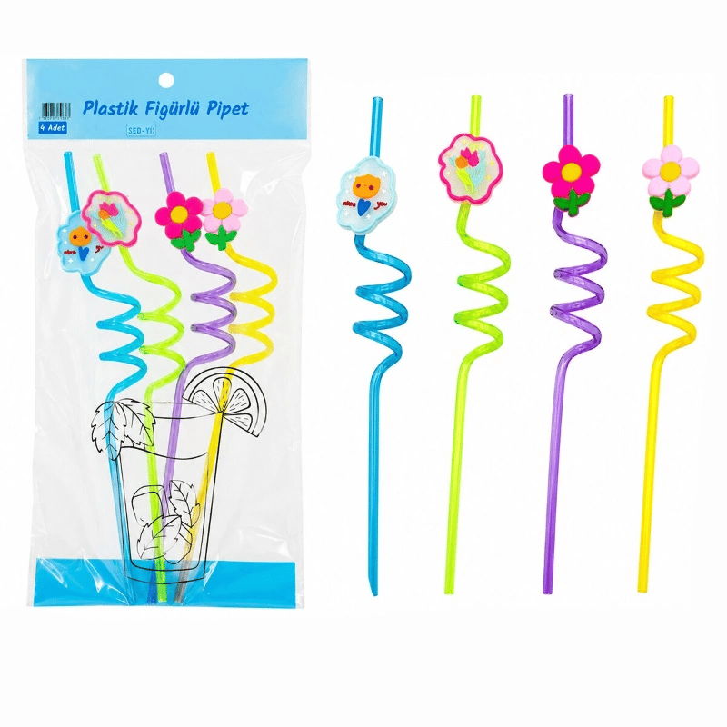 Kıvrımlı Renkli Plastik Pipet - Figürlü Tasarım - 4lü Paket