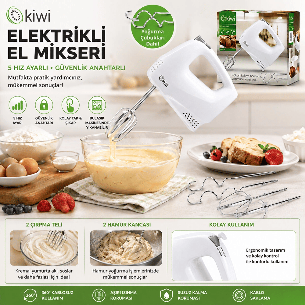 Kiwi Kmx-3608 Elektrikli El Mikseri 2pcs Metal Çırpma Aparatı - 2pcs Hamur Kancası 5 Kademe Hız Çırpıcı Çıkartma Düğmeli Bx40
