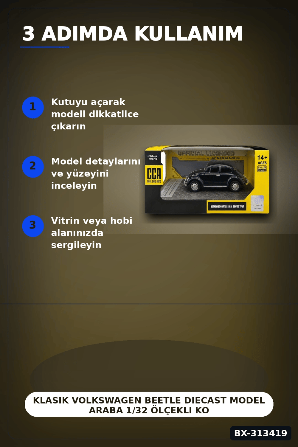 Klasik Volkswagen Beetle Diecast Model Araba 1/32 Ölçekli Koleksiyonluk BX-313419